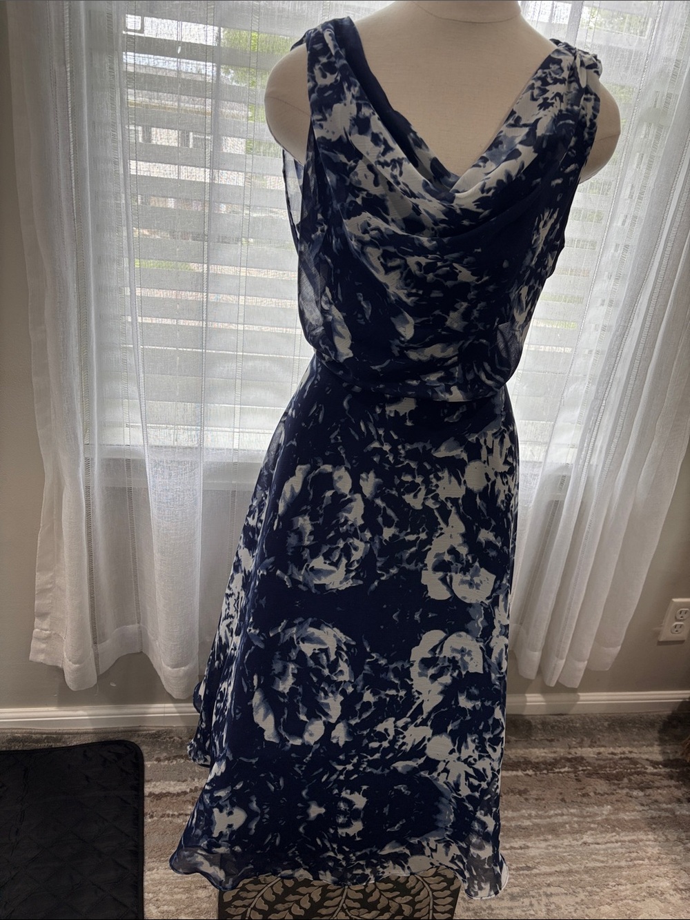 Navy and White Sleeveless Cowl Neck Dress 14